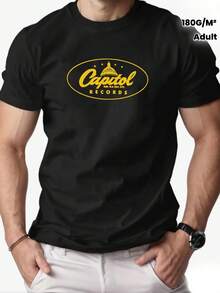 Camiseta Casual para Hombre con Logo de Capitol Records - Cuello Redondo, Ajuste Regular, Ligera Elasticidad, Tejido de Punto, 180g/m² - Camiseta de Color Sólido de Verano para Adultos - Negro - Ver 3