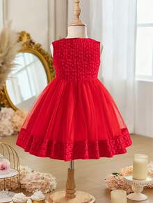 Young Girls' Fashionable Jacquard Contrast Mesh Tulle Sleeveless Dress - Burgundy - View 2