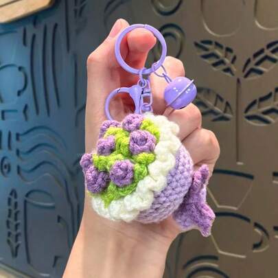 手工钩编玫瑰花钥匙扣，创意针织钥匙圈，情人节礼物