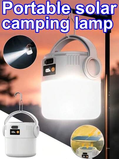 1pc Intelligent Digital Display Portable Camping Lamp: Type-C / Solar Charging + Hook Design + Power Display + Suitable For Multiple Scenarios, Covering Outdoor Camping / Home Emergency Power Supply Lighting Equipment