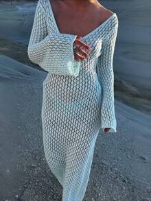 性感V领镂空针织修身长袖沙滩裙，沙滩裙，女士度假装，度假连衣裙，沙滩套装，春夏度假装 - 杏色 - 查看 1