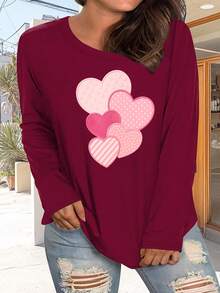 2026 Plus Size "Love And Heart" Print Long Sleeve Plus Size, Soft And Breathable Polyester Fiber, Medium Elasticity, Machine Washable, Women's Casual Long Sleeve Round Neck Pattern Print T-Shirt Plus Size, Fashion Style, Casual Plus Size Long Sleeve T-Shirt, Women's Clothing, Valentine's Day Hoodie For Couples, New Year Outfit For Women, Women's Tops - màu đen - Xem 11