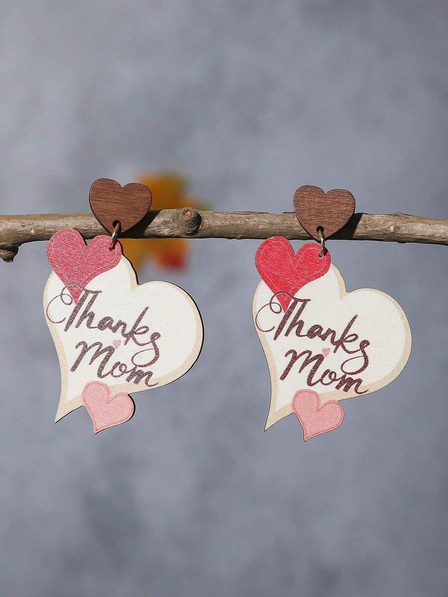 1 Pair Wooden Heart Shaped Earrings, Mother's Day Gift, Appreciation For Mom - Multicolor - View 1