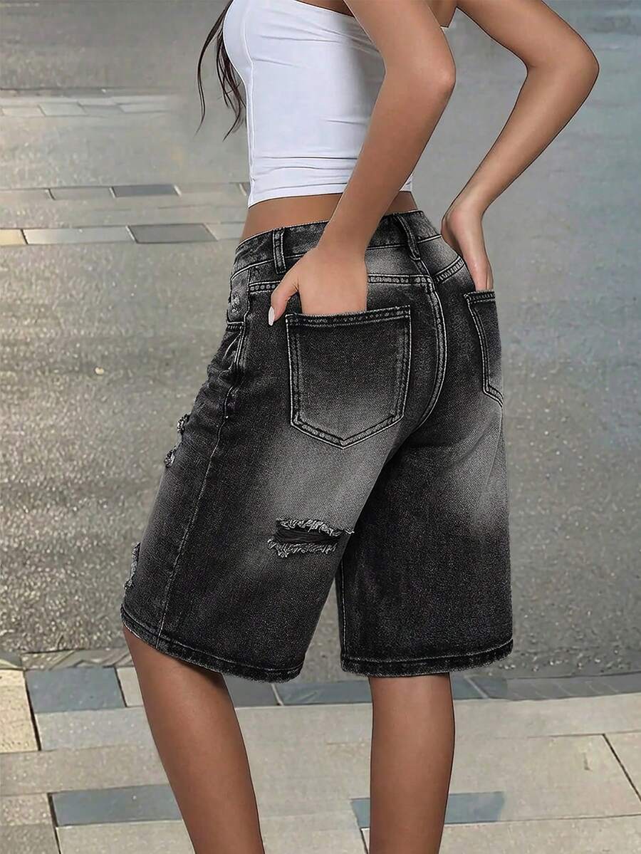 Quần short denim phong cách đường phố Y2K mùa tựu trường, kiểu dáng rách gấu, túi xéo, ống thẳng, thích hợp cho hẹn hò, tiệc tùng, chất lượng cao, thoải mái, quần short Bermuda denim mùa xuân/hè, dành cho nữ. - khói đen - Xem 1