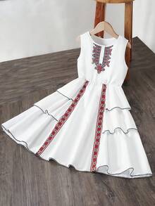 Tween Girl Red Floral Print Layered Sleeveless Dress, Spring/Summer Girls Printed Dress - White - View 1