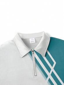 Men's Summer Polo Shirt With Blue & White Geometric Stripe Pattern, Diagonal Color Block Half Zip Collar Design, Comfortable Fabric Suitable For Casual, Sports, Outdoor, Commute Wear - Blue and White - View 3