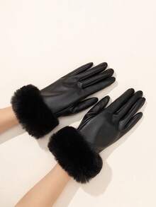 1pair Women's Leather Touchscreen Gloves With Fuzzy Lining, Warm And Windproof Halloween Accessories Winter Gloves - 黑色 - 查看 4