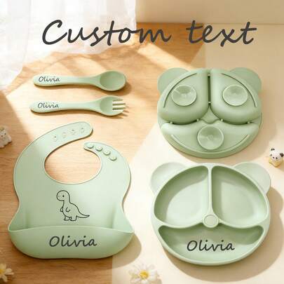 طقم تغذية سيليكون للأطفال مخصص، طقم تغذية مكون من 4 قطع يشمل حلقة عنق، طبق، شوكة وملعقة من السيليكون، بتصميم الدب