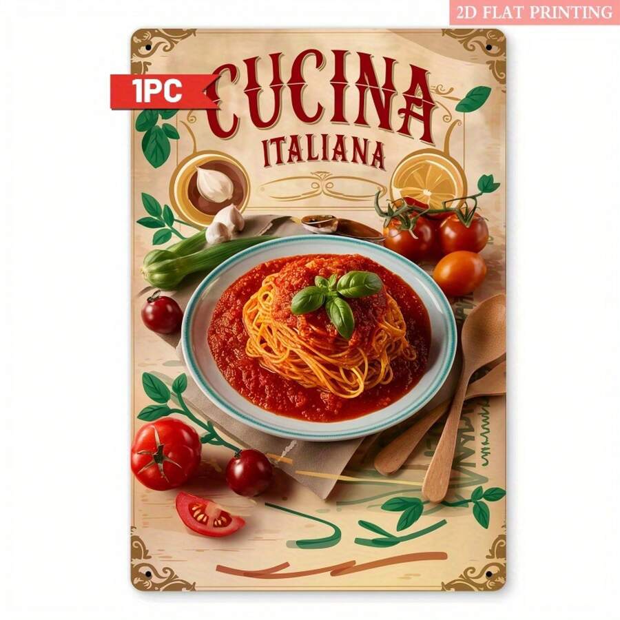 [2D Flat] 1pc Vintage Italian Cuisine Metal Sign, 8x12 Inch - Authentic Pasta & Tomato Sauce Design, Rustic Decor For Kitchen, Restaurant, Or Dining Room - Perfect Gift For Italian Food Lovers, Kitchen Wall Decor| Vintage Metal Sign| Durable Iron, Italian Kitchen Decor, Perfect For Room Decor - White - View 1