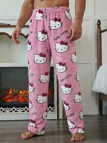 1pc Men's Casual Black Bottom Hello Kitty Pajama Pants, Sanrio Straight Leg Anime Costume, Autumn/Winter - Watermelon Pink - View 3