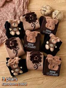 3/6/9 Pairs Random Feather & Bear Theme Knitted Blend Mid-Calf Socks, Cute & Versatile, Warm Enough To Wear Outwardly, Suitable For Autumn/Winter