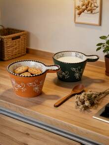 1pc Ceramic Beaded Handle Sauce Bowl, Breakfast Cup Baking Container, Steaming Cooking Baking Bowl Milk Cup Cake Bowl, Oatmeal Cup Snack Bowl, Suitable For Kitchen, Living Room, Dining Room, Tableware, Cup, Ramadan Dinnerware - Multicolor - View 5