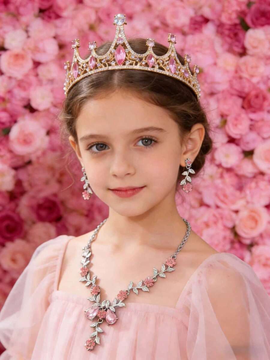 3件套粉色皇冠首饰套装，包含1个皇冠、1条项链和1副耳环，时尚配饰，镶嵌水钻，花朵项链和耳环，适合女孩在派对上佩戴 - 彩色 - 查看 1