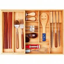 Double Layer Bamboo Kitchen Drawer Organizer Cutlery Utensil Sierware Drawer Organizer Sierware Tray For Drawer Removable Utensil Holder Flatware Organizer Multi-Use Storage Box L - 天然竹子 - 查看 2