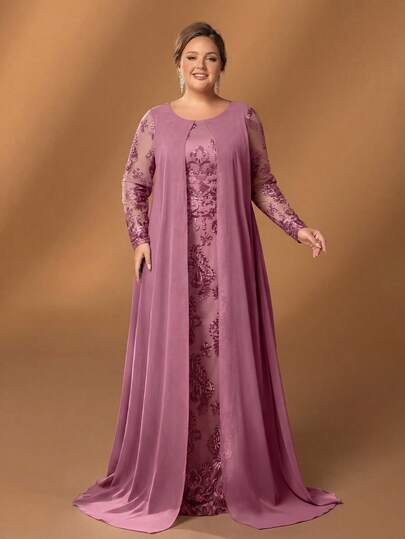 Faeriesty 大码优雅蕾丝刺绣长裙，适合婚礼和正式场合 | 飘逸设计，展现精致女性魅力