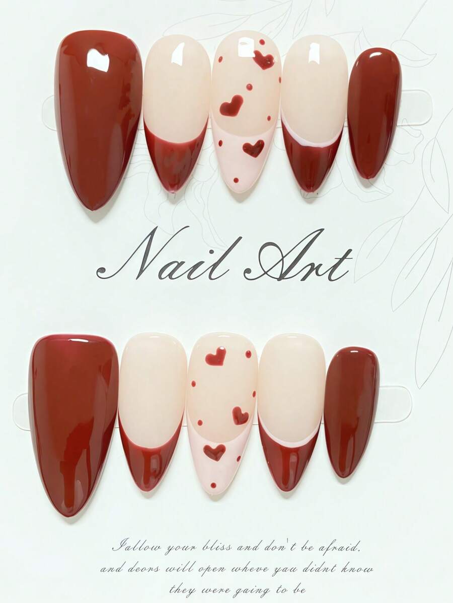 1片手工制作的按压式美甲贴片，Y2K风格，可爱简约设计，杏仁形甲片，红色甲片，法式风格，手绘爱心图案，可爱美甲，假指甲，情人节美甲，高端品质，可重复使用，适合女性和女孩日常或节日佩戴，也可作为礼物赠送。美甲用品 - 酒紅色 - 查看 1