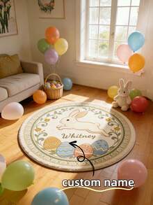 1PC Custom Easter Faux-Cashmere Round Rug – Personalized Pet/Kid/Name, Printed Bunny & Egg Motif, Pastel Spring Palette, Anti-Slip Backing, Egg-Hunt Basket Area Mat, Holiday Home & Classroom Decor Gift