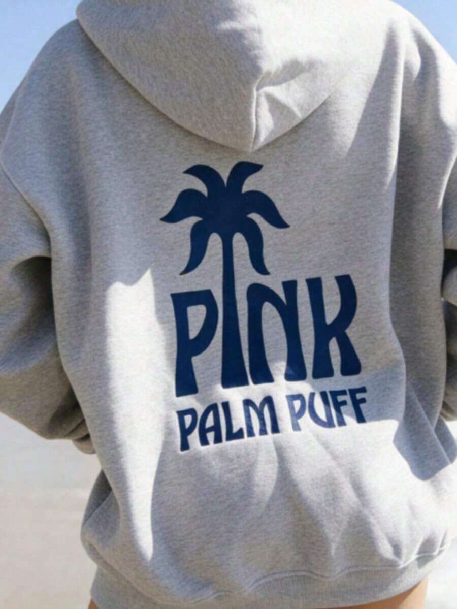Grey Oversized Pink Tree 'PUFF' Graphic Hoodie - Urban Casual Streetwear Sweatshirt Teens & Young Adults,Hoodie,Winter Clothes For Women,Hoodies For Women,Valentine's Day,Valentine Outfits For Women-New Autumn & Winter Drop: Oversized Casual Cotton-Blend Hoodie, Unisex - 灰色 - 查看 1