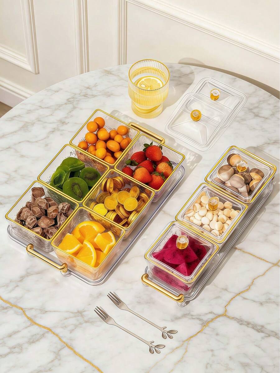 1set Luxury Clear Acrylic Fruit Storage With Golden Handle Tray - Dessert & Snack Organizer For Party - Clear - View 1
