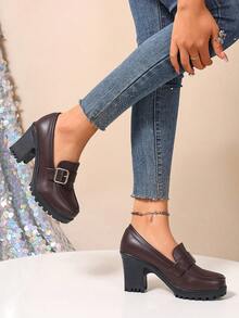 Giày lười nữ đế dày, cao gót, kiểu Anh, trang trí kim loại, kiểu dáng slip-on, đế dày chống trượt, thích hợp cho công sở và thường ngày. - màu nâu - Xem 5