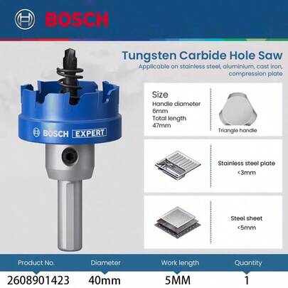 bosch Carbide Hole Saw, 30/40mm Metal Hole Cutter With Pilot Drill, Holesaw For Hard Metal, Stainless Steel, Iron, Mild Steel, Aluminium, Alloy, Plastic