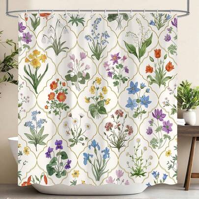 Floral Pattern Shower Curtain, Vintage Green Floral Plant Bathroom Shower Curtain, Boho Watercolor Wild Flowers Tulips Daisy Violet Plant Decor Shower Curtain Set, Polyester Material, Bathroom Decor & Accessories, Room Decor, Suitable For Home, Hotel, Resort, Gift