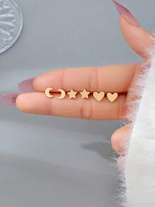 3 pares de pendientes de botón minimalistas con diseños de corazón, luna y estrella para mujer, juego de pendientes apilables de moda - Conjunto de pendientes sencillos de estrella y luna con forma de corazón - Ver 4