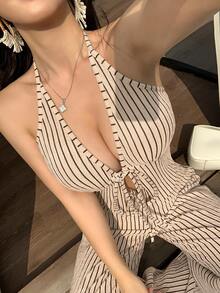 abyoxi 杏色和黑色条纹V领吊带背心搭配高腰阔腿裤两件套，休闲通勤、复古性感、日常外出、约会、情人节、海滩、度假皆宜，短款上衣搭配长裤，春夏穿搭 - 杏色 - 查看 3