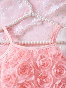 女童玫瑰花吊带上衣和网眼蛋糕裙套装，可爱的夏季服装 - 粉色 - 查看 5
