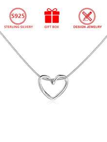 1件925纯银镂空心形吊坠项链（简约心形设计），含礼盒，适合日常佩戴和情人节礼物 - 銀色 - 查看 2