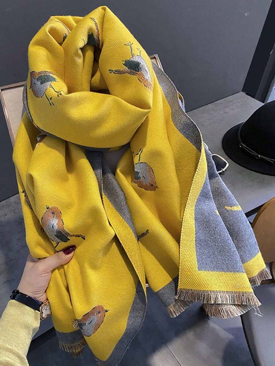 1条双面黄色小鸟印花围巾，保暖百搭的女士披肩/围巾，适合冬季，韩式风格 - 黃色 - 查看 1