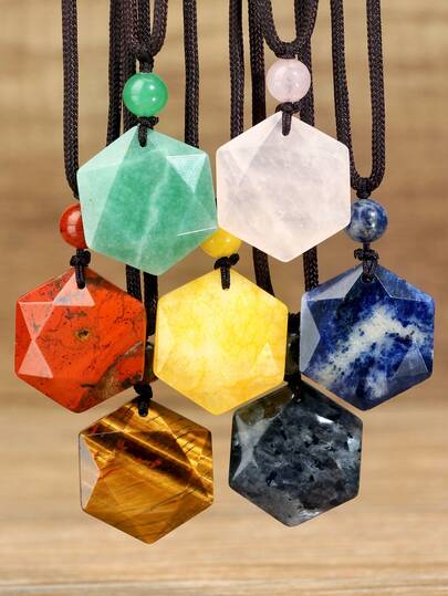 Handmade Woven Hexagram Pendant Necklace With Natural Stones - Tiger Eye, Green Aventurine, Blue Sodalite, Unisex Couple Necklace