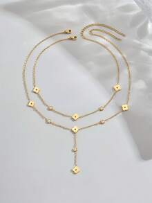 2pcs Lucky Clover Pendant Clavicle Necklace, Elegant Stainless Steel Four-Leaf Plum Blossom Hollow Pendant Necklace, Rhinestone Cubic Zirconia Decor Y-Shaped Necklace, Suitable For Women, Everyday Wear Or Valentine's Day Gift - Gold - View 2