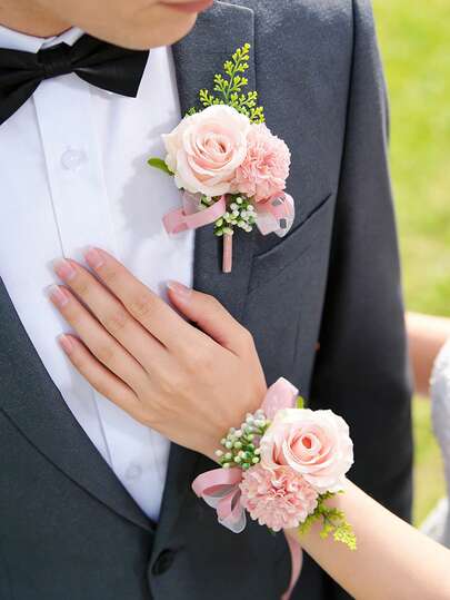 2pcs/Set Chrysanthemum & Rose Corsage And Wrist Flower Set, Perfect For Weddings, Parties, Galas, Proms, Travels, Anniversaries And More Occasions
