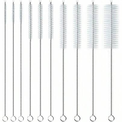 10pcs Stainless Steel Handle Straw Cleaning Brush Set - Soft Bristle Cleaner, Suitable For Glass, Silicone And Metal Straws | Essential Multi-Scene Tool For Kitchen, Car And Outdoor Bottles