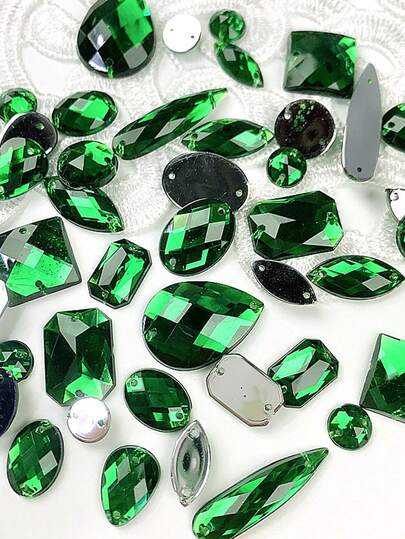 100pcs/Pack Mixed Size Green Acrylic Sew-On Flat Back Crystal Rhinestone Acrylic Gems Diamond DIY Craft Decoration For Dress, Clothing, Shoes, Bags