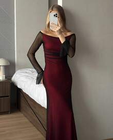 Vuslat 女士时尚纯色露肩修身喇叭袖长款连衣裙，优雅露肩网纱派对礼服，适合生日、情人节、毕业舞会、派对、夏季、春季、嘉年华、婚礼宾客等场合，优雅休闲，适合各种婚礼及活动，包括婚礼礼服、婚礼宾客礼服、奢华晚礼服和正式场合。 - 黑色 - 查看 8