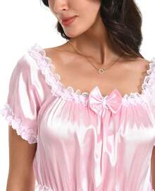 Satini Lingerie Satin  Babydoll Ruffles Frilly Lace Slip Nightwear Dress - Baby Pink - View 2