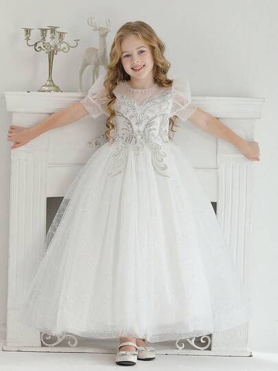 女童高端刺绣白色花朵女孩蓬松薄纱礼服