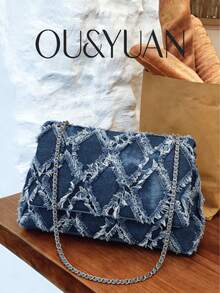 Borsa di jeans vintage consumata da donna, modello 2026, nuova collezione, con design intrecciato a diamante, catena borsa a tracolla e a tracolla, elegante e casual, adatta per uso quotidiano e appuntamenti - Blu - Visualizzare 2