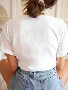 Camiseta de Mujer de Algodón 100%, Estampado Rompecabezas y Letras "CUSTOM your HAPPINESS", Manga Corta, Cuello Redondo, Ropa Casual Transpirable y Cómoda para Día a Día, Ocio y Actividades Diarias - Blanco - Ver 2