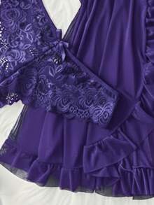 ROMWE Kawaii 3件套女士性感深V蕾丝莲花内衣套装，多功能性感睡衣，适合卧室、浴室、派对穿着 - 紫色 - 查看 3