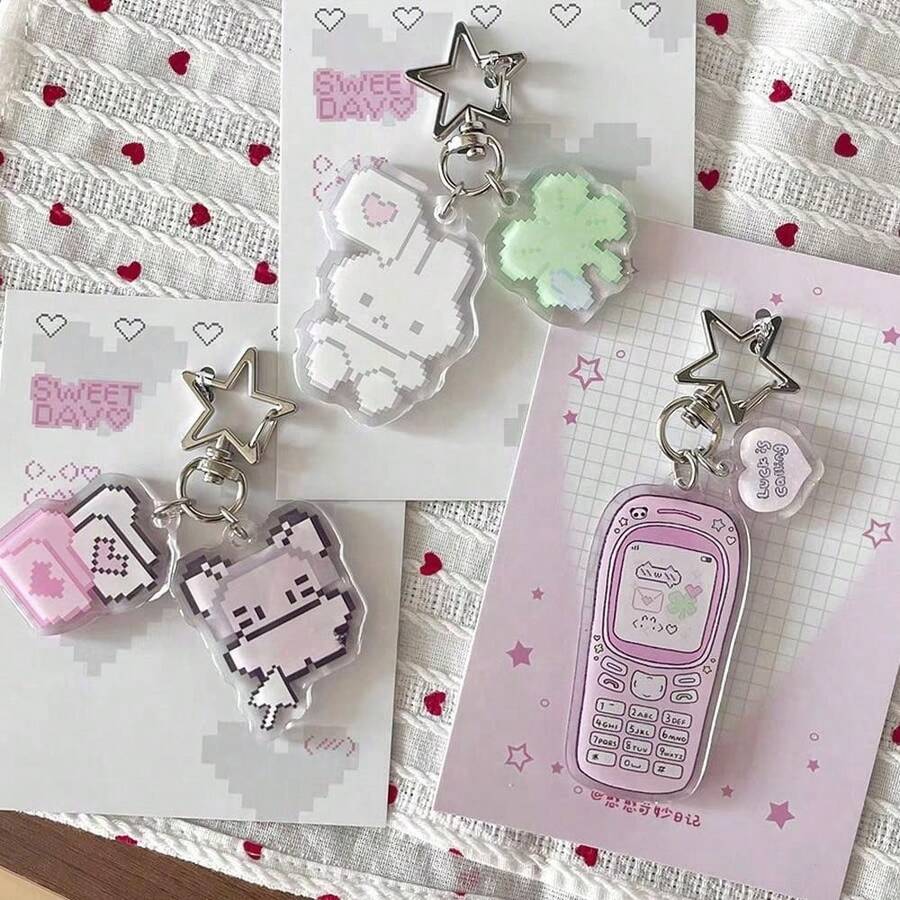 1pc Cute Cartoon Pixel Art Keychain - Kawaii Retro 8-Bit Character With Heart And Four-Leaf Clover, Light Pink And White With Black Eyes, Bunny Design, Suitable For Bags, Keys, Christmas Gift - Multicolor - View 1