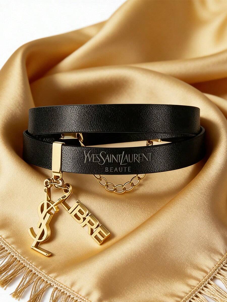 Yves Saint Laurent 1pc Women's Fashion Double-Layer Black Leather Bracelet With Letter Pendant Decor, Romantic Jewelry For Valentine's Day - Black - View 1