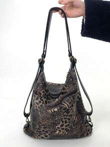 Y2K Retro Women's Leopard Print Shoulder Bag, Large Capacity Multi Pocket Street Crossbody Bag, Multifunctional Convertible Backpack - Black - View 10