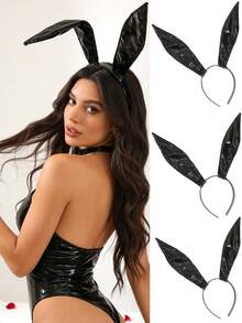 3件装黑色仿皮兔耳朵发箍，性感服装配饰，情人节女士头饰 - 黑色 - 查看 9