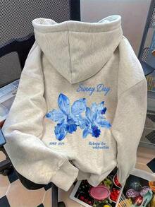 1pc Unisex  Floral Printed Loose Fit Oversized Hoodie, Women Casual Long Sleeve Pullover Sweatshirt For Autumn/Winter Sudaderas Para Mujer,Valentine Outfits For Women - Light Grey 2 - View 11