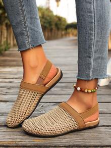 驼色拼接网眼后跟绑带踝带欧美风女凉鞋，双层鞋底圆头休闲百搭夏季透气度假沙滩时尚凉鞋，通勤日常穿着皆宜。 - 駝色 - 查看 2
