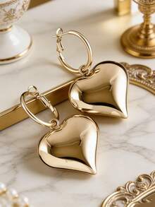 1 Pc Women'S Glossy Heart Design Dangle Earrings - Simple Elegant Stainless Steel Jewelry, Lightweight Comfort Fit, Perfect Valentine'S Day Gift & Thoughtful Present For Moms On Mother'S Day - 金色 - 查看 2