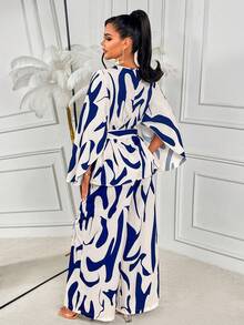 AIJ Amarilo 女士休闲优雅两件套 - 豹纹蝙蝠袖系腰衬衫和长裤，时尚优雅的套装，适合假日外出穿着 - 杏色 - 查看 2